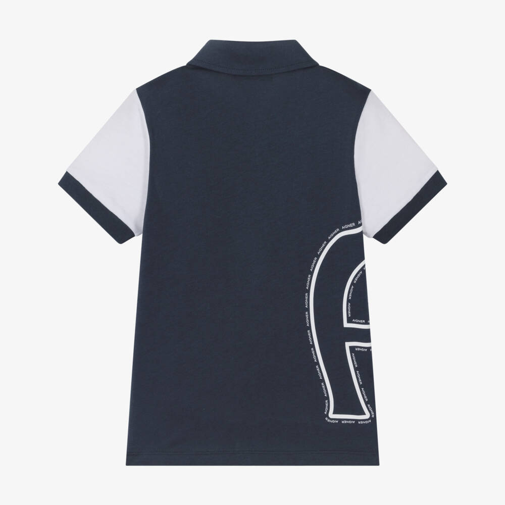 AIGNER-Boys Navy Blue & White Cotton Polo Shirt with Zip Fastening | Childrensalon Outlet