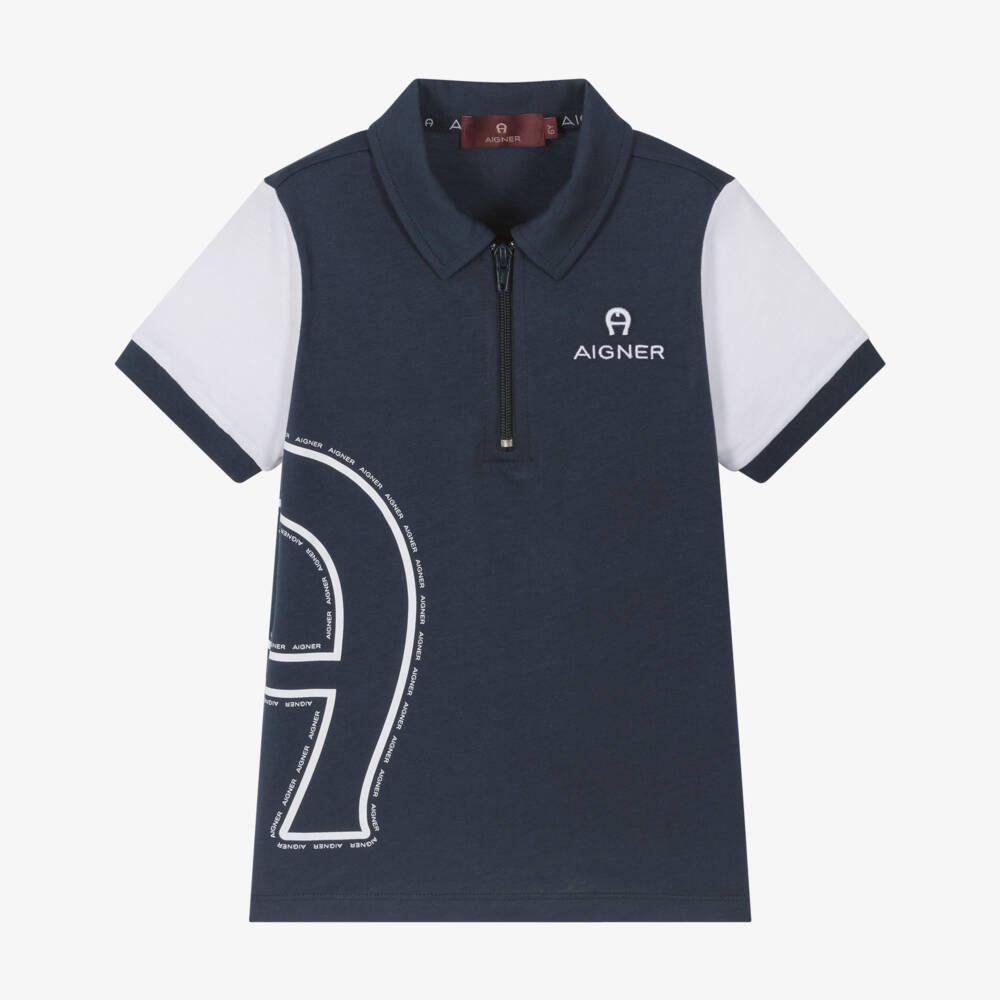 AIGNER-Boys Navy Blue & White Cotton Polo Shirt with Zip Fastening | Childrensalon Outlet