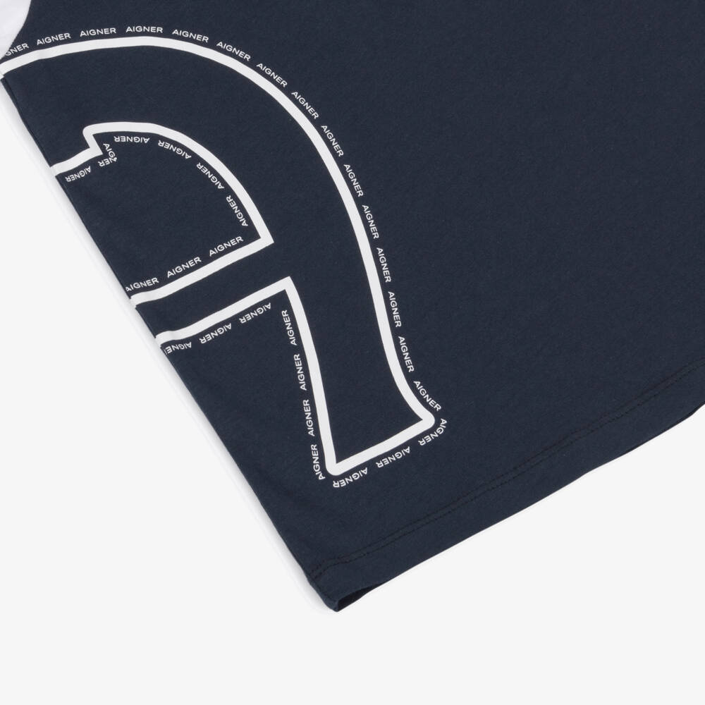 AIGNER-Boys Navy Blue & White Cotton Polo Shirt with Zip Fastening | Childrensalon Outlet
