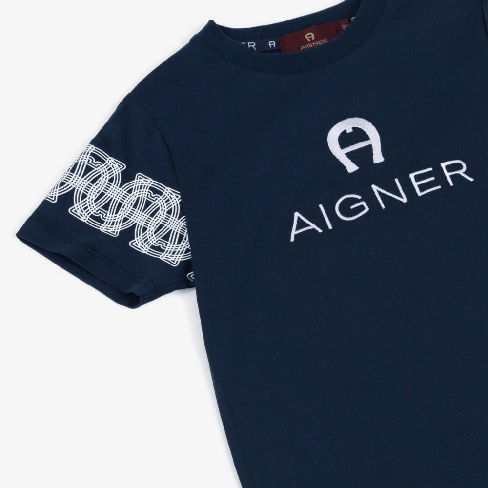 AIGNER-Boys Navy Blue & White Logo Cotton Jersey T-Shirt | Childrensalon Outlet