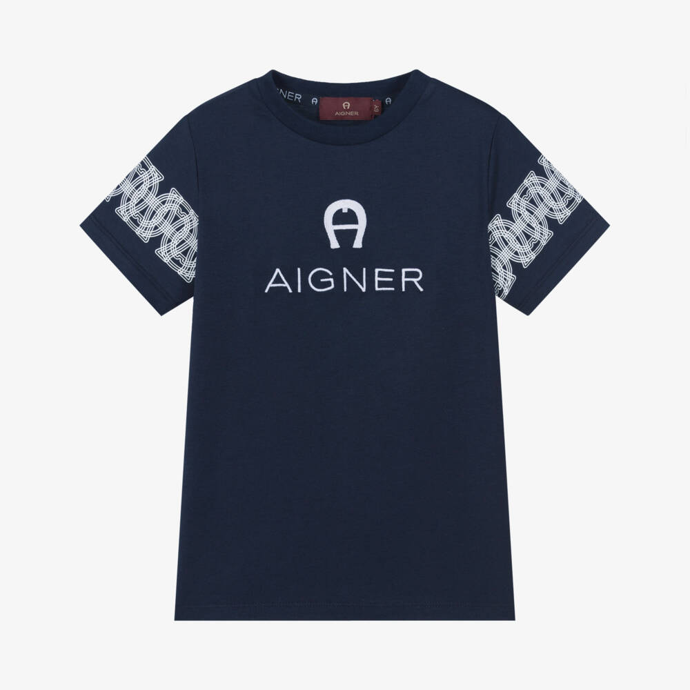 AIGNER-Boys Navy Blue & White Logo Cotton Jersey T-Shirt | Childrensalon Outlet