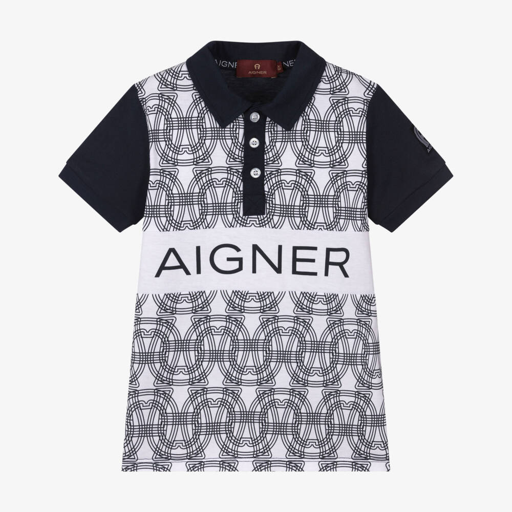 AIGNER-Boys Navy Blue & White Logo Pattern Cotton Polo Shirt | Childrensalon Outlet