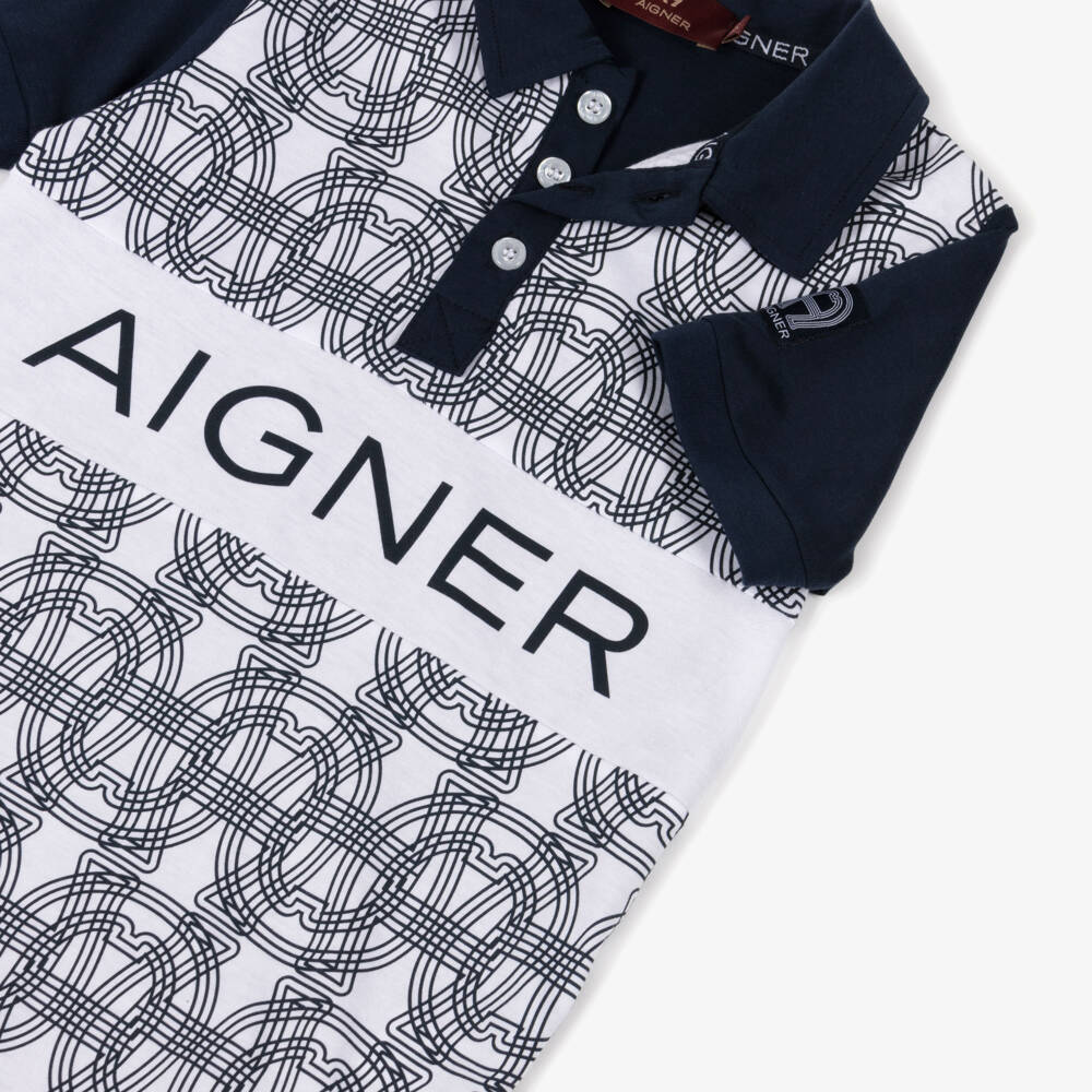 AIGNER-Boys Navy Blue & White Logo Pattern Cotton Polo Shirt | Childrensalon Outlet