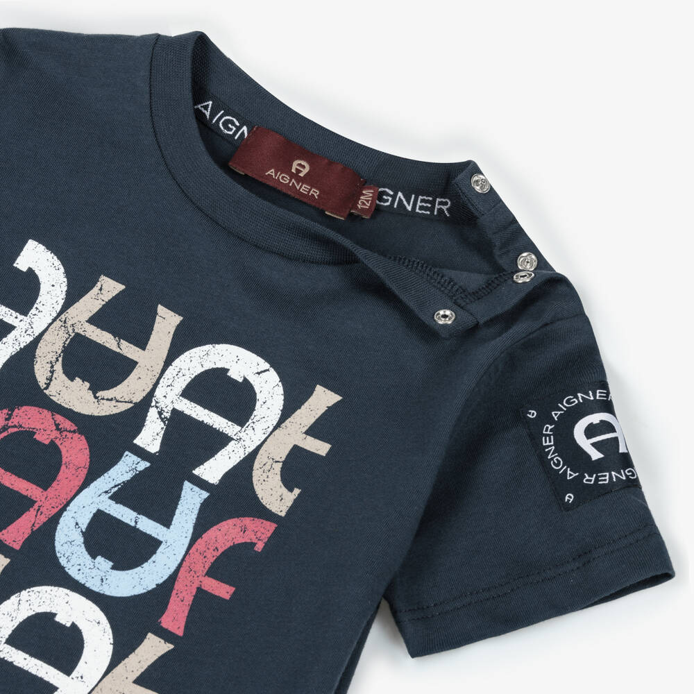 AIGNER-Boys Navy Cotton Tee with Emblem | Childrensalon Outlet