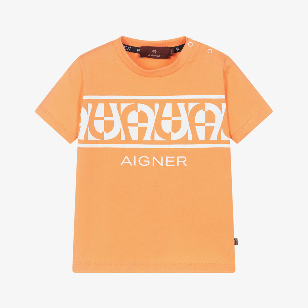 AIGNER-Boys Orange Cotton T-Shirt with Repeat Logos | Childrensalon Outlet