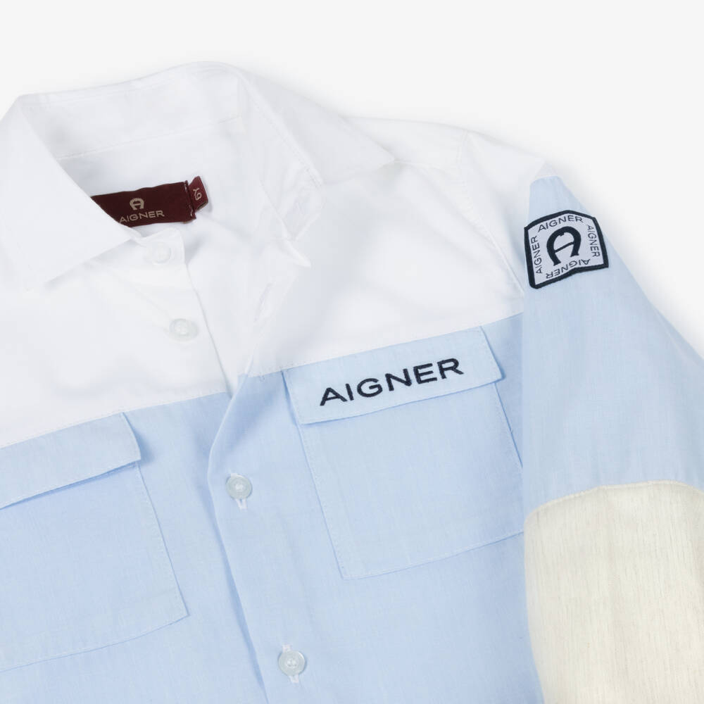 AIGNER-Boys Pale Blue Colourblock Cotton Shirt | Childrensalon Outlet