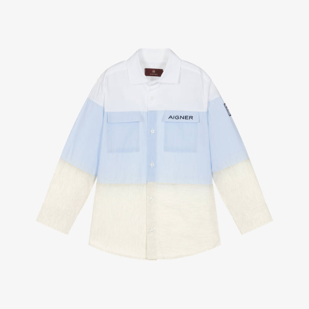 AIGNER-Boys Pale Blue Colourblock Cotton Shirt | Childrensalon Outlet