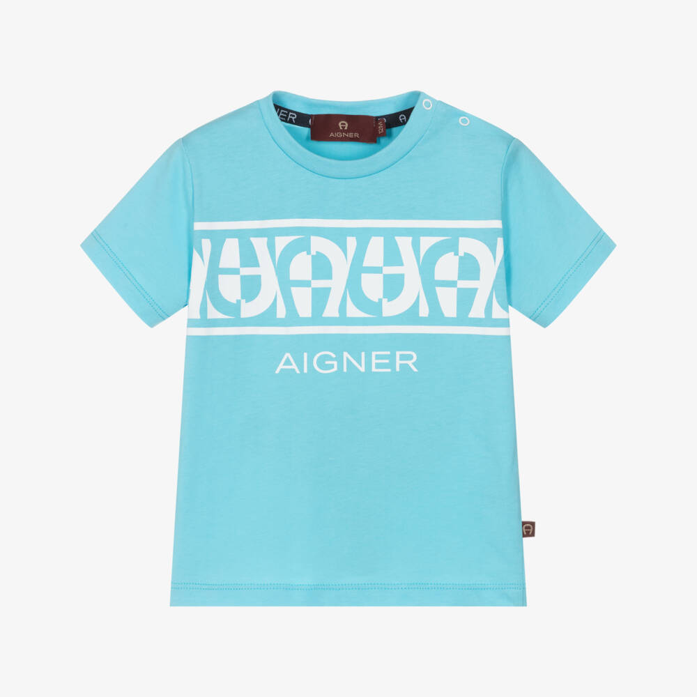 AIGNER-Boys Pale Blue Cotton T-Shirt with White Logos | Childrensalon Outlet