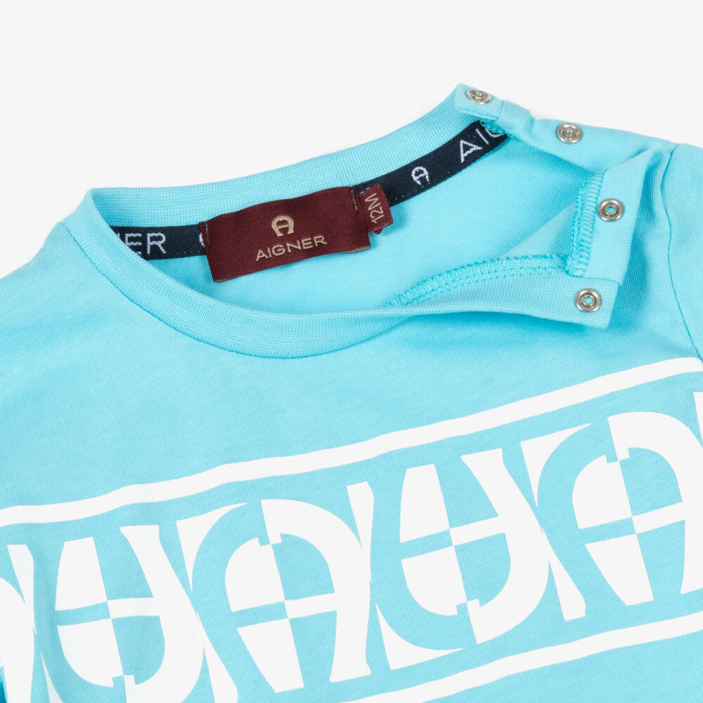 AIGNER-Boys Pale Blue Cotton T-Shirt with White Logos | Childrensalon Outlet