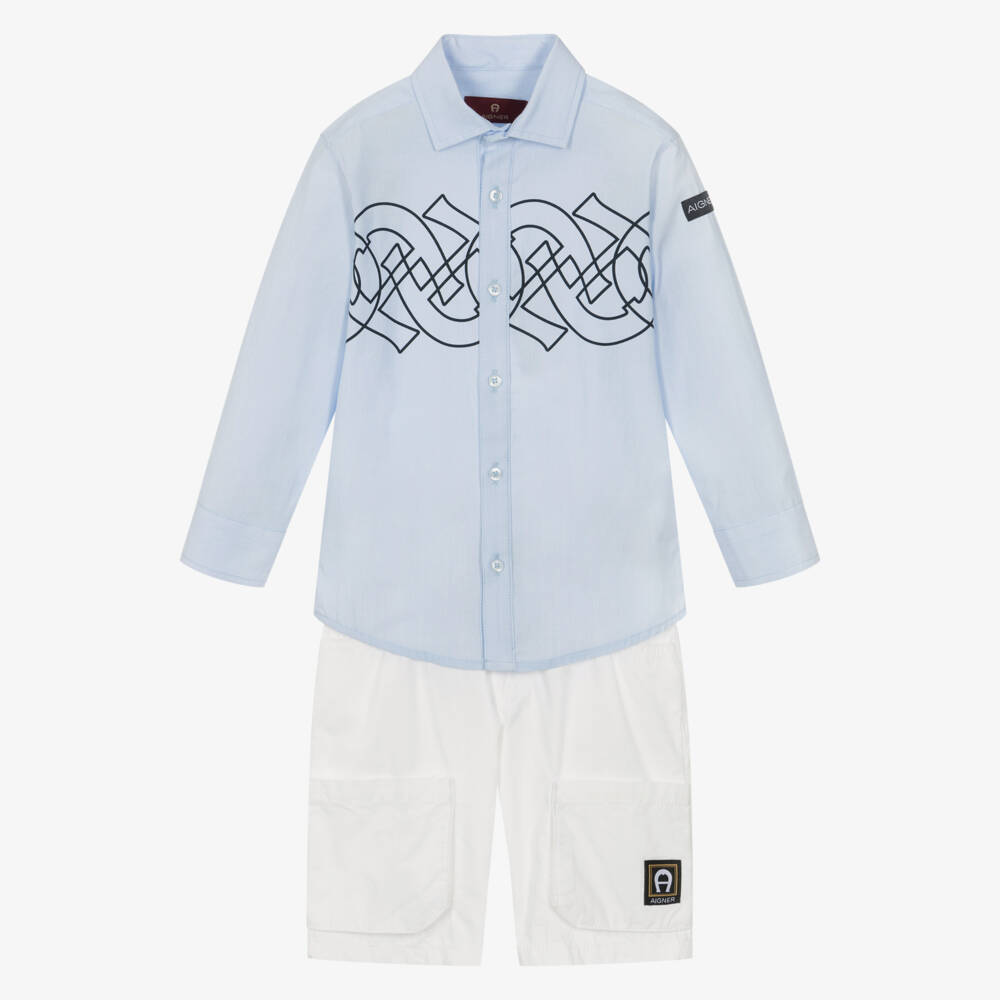 AIGNER-Boys Pale Blue & White Cotton Short Set | Childrensalon Outlet