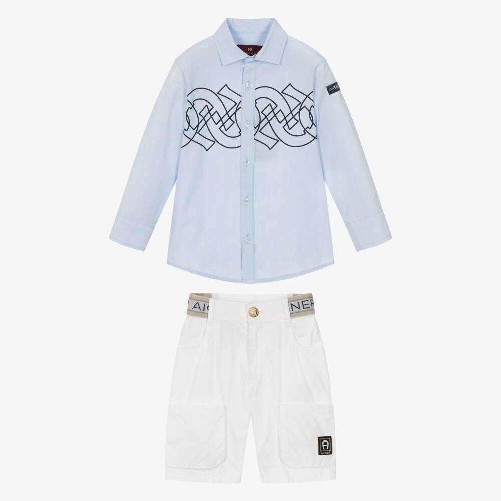AIGNER-Boys Pale Blue & White Cotton Short Set | Childrensalon Outlet