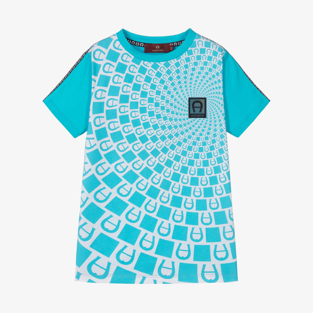 AIGNER-Boys Turquoise Blue Cotton Logo T-Shirt | Childrensalon Outlet