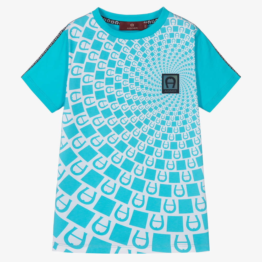 AIGNER - Boys Turquoise Blue Cotton Logo T-Shirt | Childrensalon
