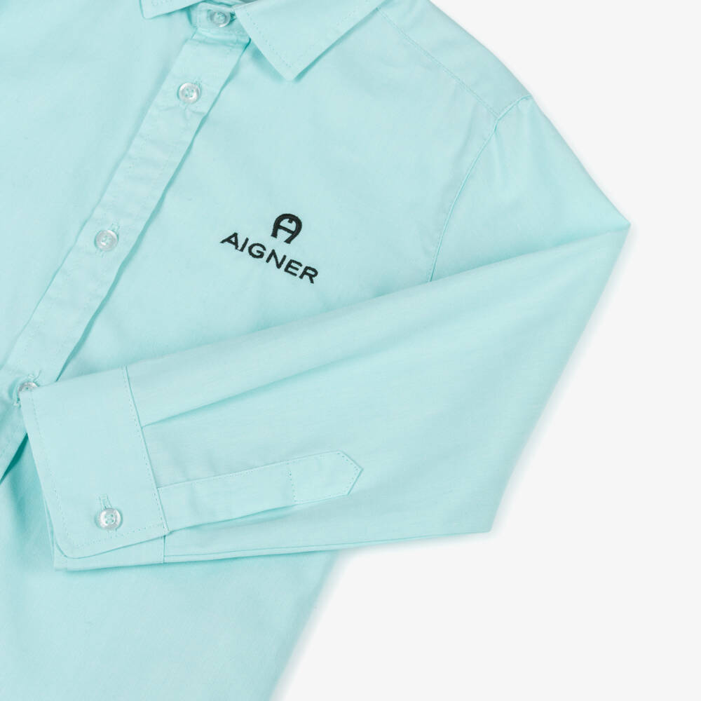 AIGNER-Boys Turquoise Poplin Logo Shirt | Childrensalon Outlet
