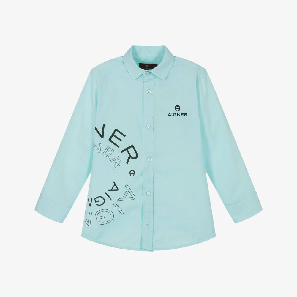 AIGNER-Boys Turquoise Poplin Logo Shirt | Childrensalon Outlet