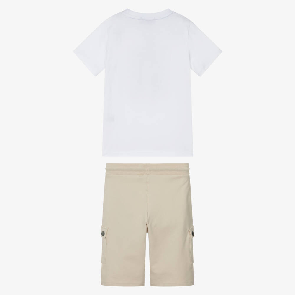AIGNER-Boys White & Beige Cotton Cargo Shorts Set | Childrensalon Outlet