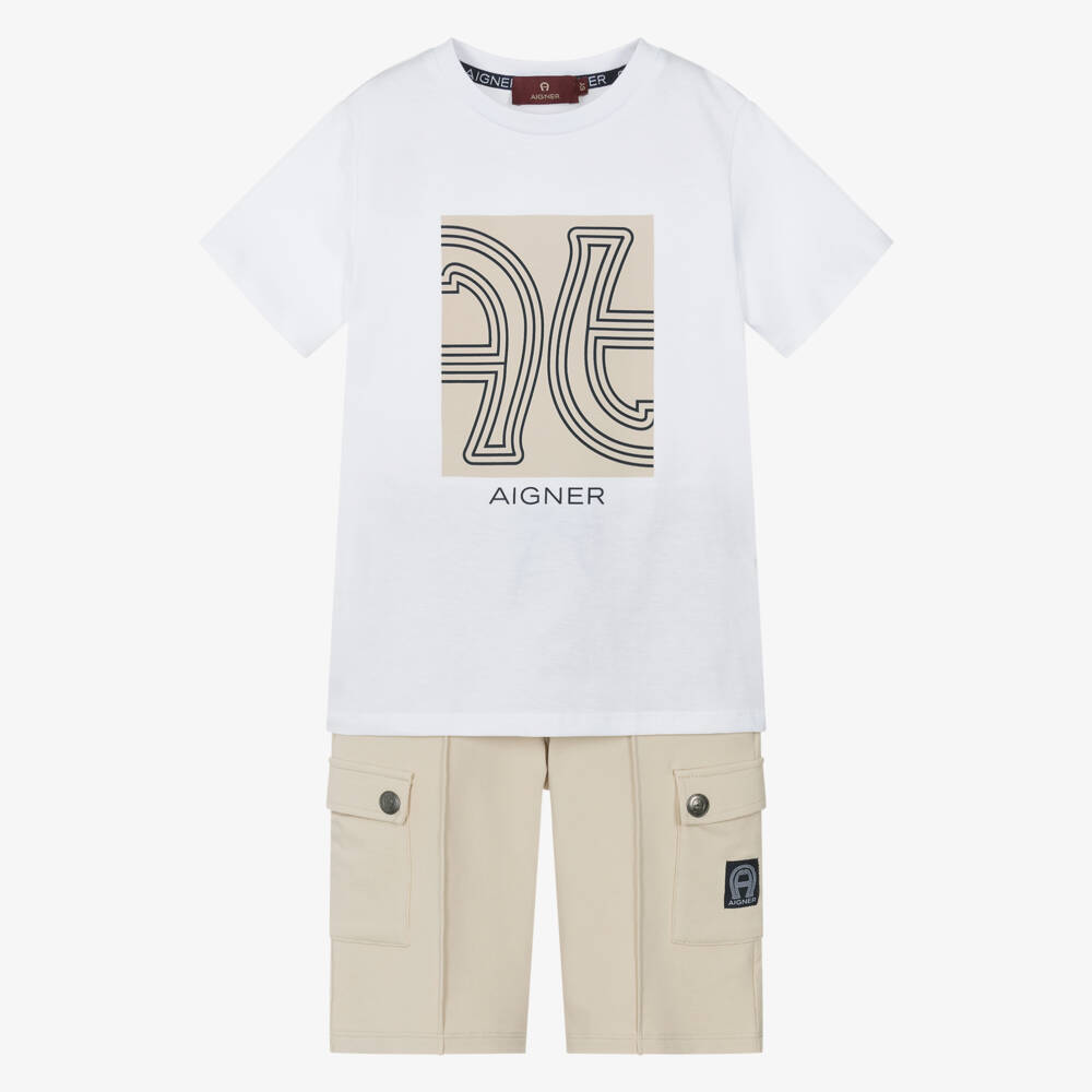 AIGNER-Boys White & Beige Cotton Cargo Shorts Set | Childrensalon Outlet