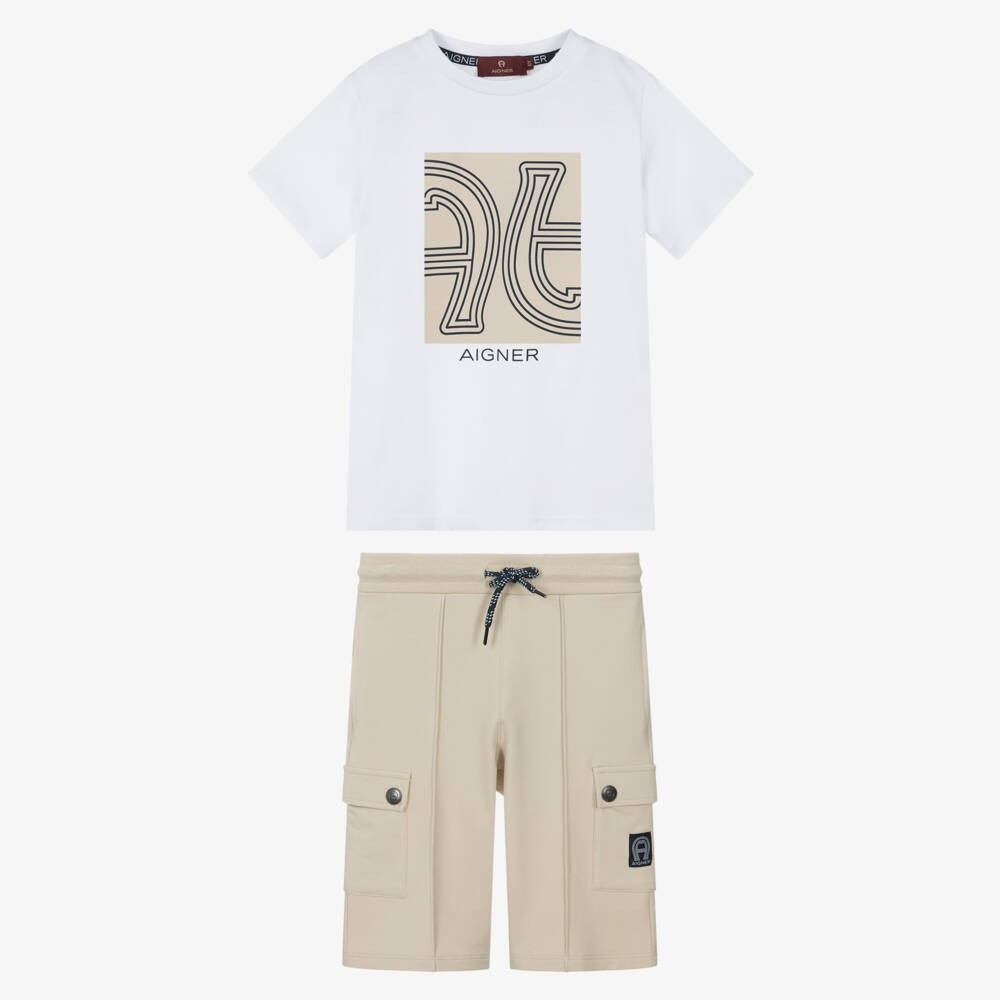 AIGNER-Boys White & Beige Cotton Cargo Shorts Set | Childrensalon Outlet