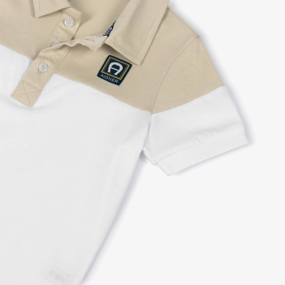 AIGNER-Boys White & Beige Cotton Polo Shirt with Logo Detail | Childrensalon Outlet