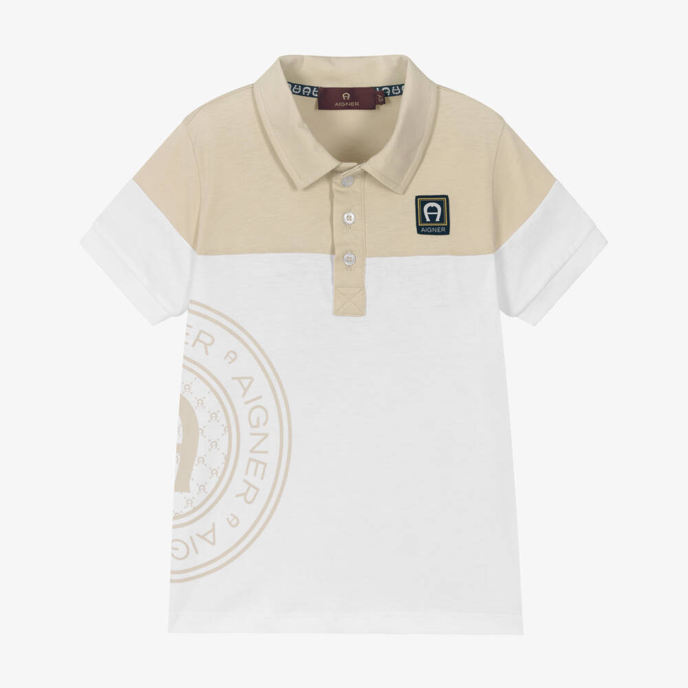 AIGNER-Boys White & Beige Cotton Polo Shirt with Logo Detail | Childrensalon Outlet