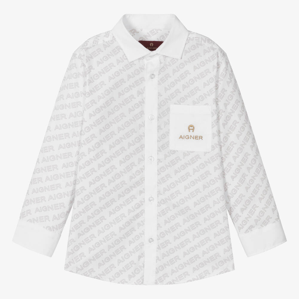 AIGNER-Boys White & Beige Cotton Shirt | Childrensalon Outlet