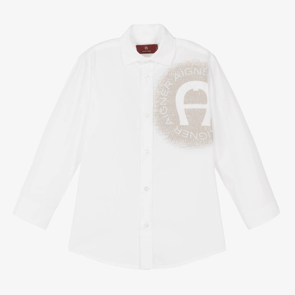 AIGNER-قميص قطن بوبلين لون أبيض وبيج للأولاد | Childrensalon Outlet