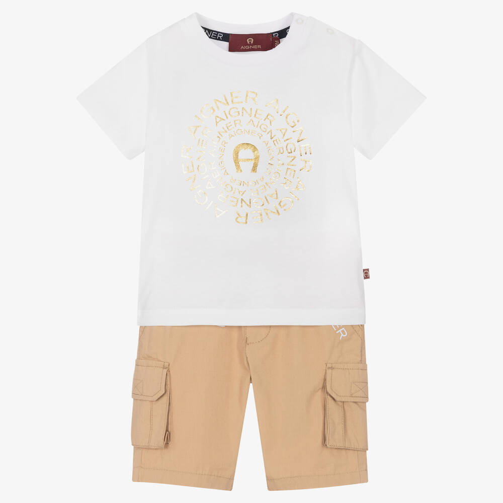 AIGNER - Boys White & Beige Cotton Shorts Set | Childrensalon