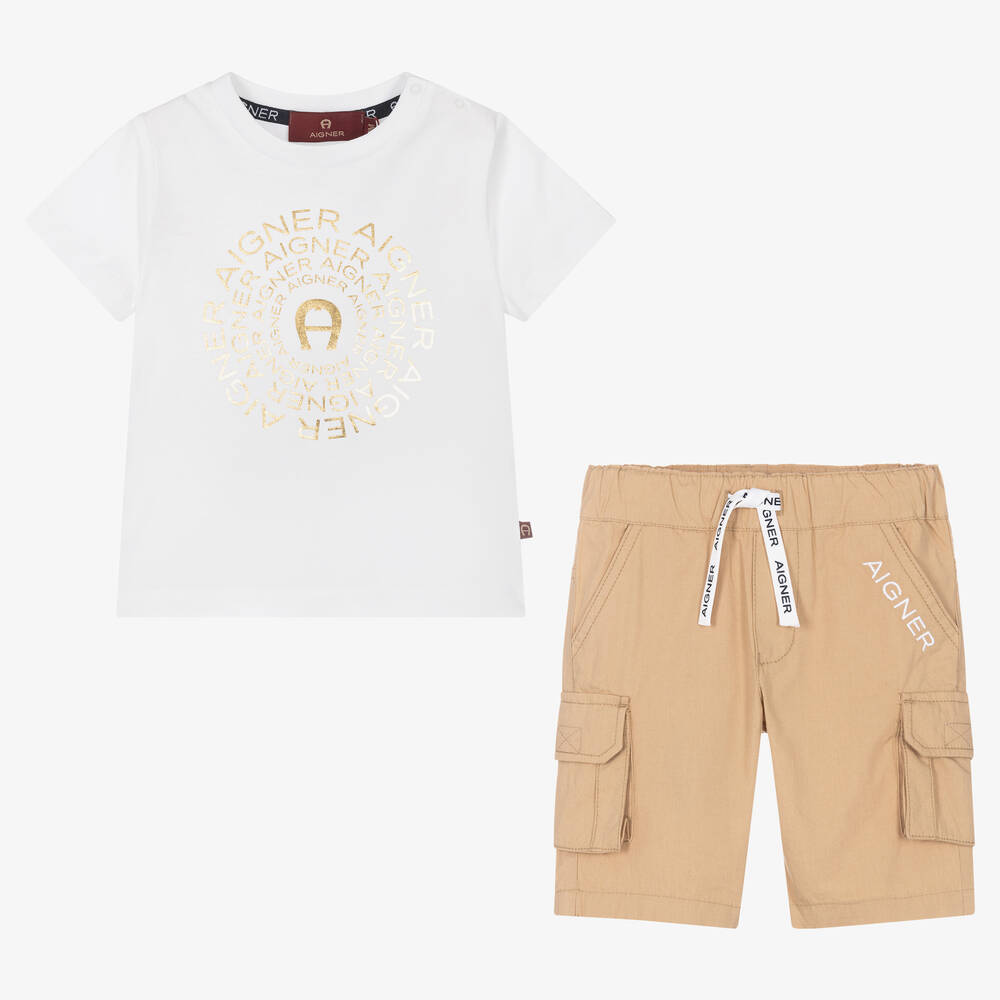 AIGNER-Белая футболка и бежевые шорты из хлопка | Childrensalon Outlet