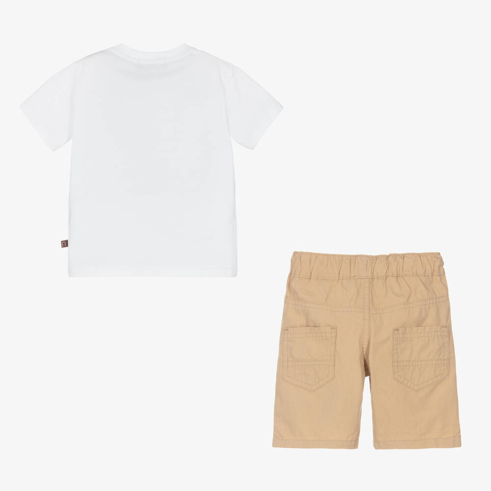 AIGNER-Boys White & Beige Cotton Shorts Set | Childrensalon Outlet