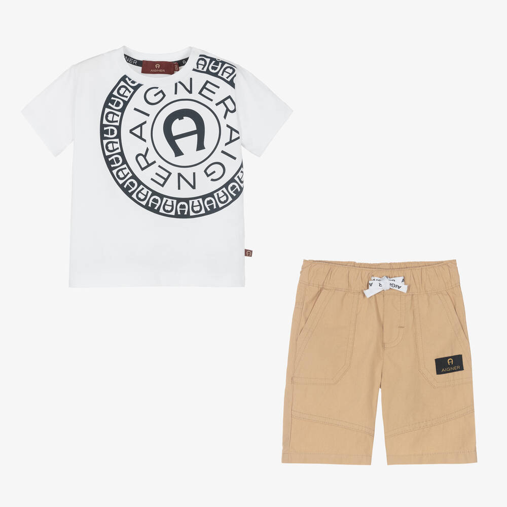 AIGNER-Boys White & Beige Cotton Shorts Set | Childrensalon Outlet