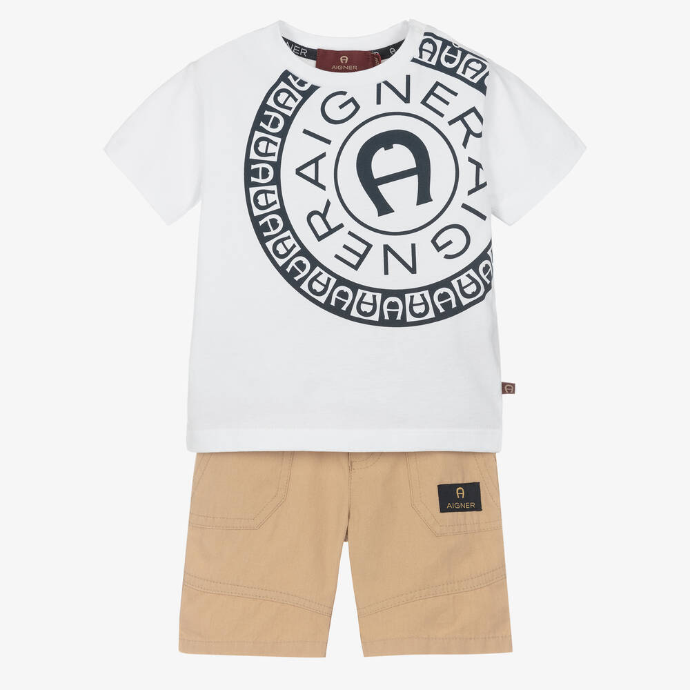 AIGNER - Белая футболка и бежевые шорты из хлопка для мальчиков | Childrensalon