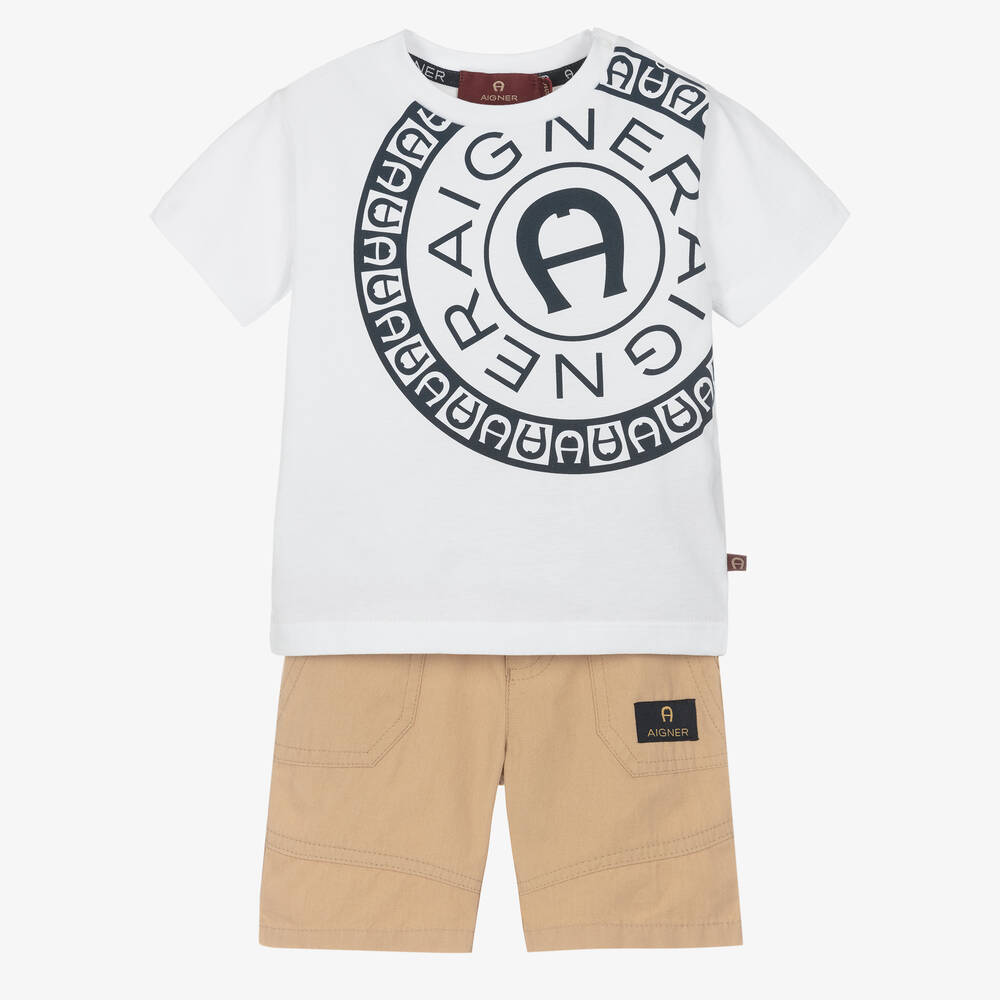 AIGNER - Ensemble short en coton blanc et beige garçon | Childrensalon