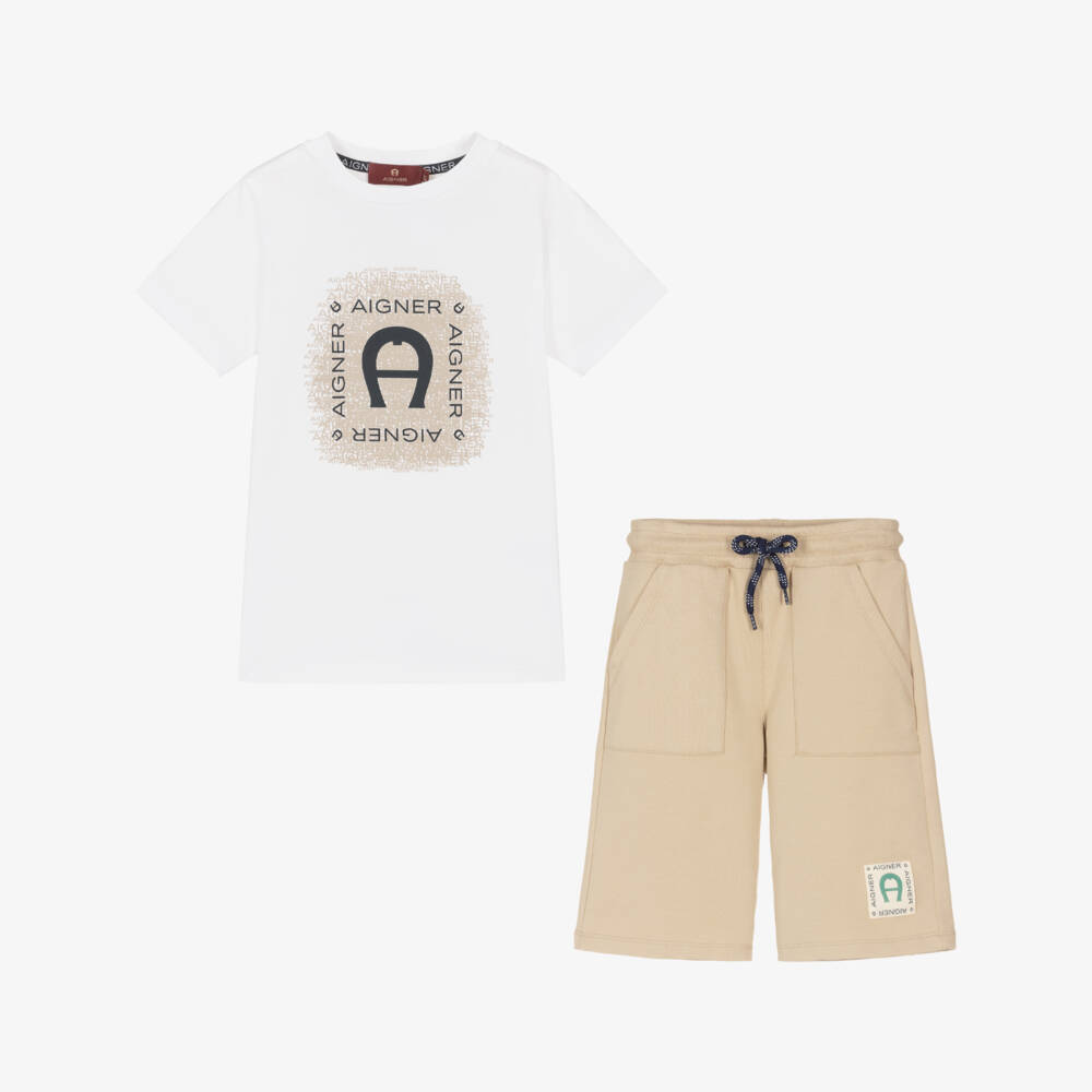 AIGNER-Белая рубашка поло и бежевые шорты из хлопка | Childrensalon Outlet