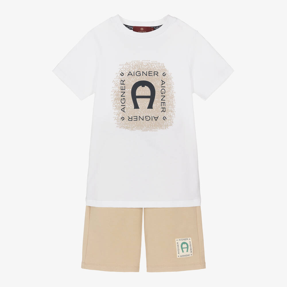 AIGNER-طقم شورت قطن لون أبيض وبيج للأولاد | Childrensalon Outlet