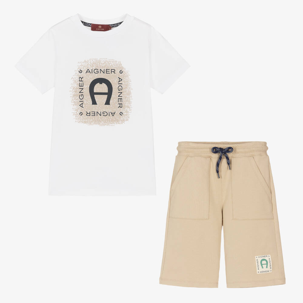 AIGNER-طقم شورت قطن لون أبيض وبيج للأولاد | Childrensalon Outlet