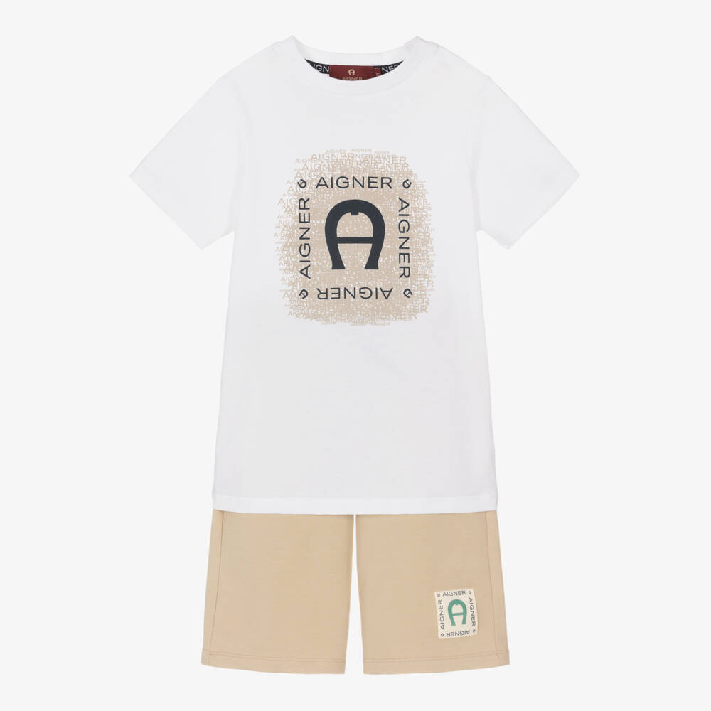 AIGNER-طقم شورت قطن لون أبيض وبيج للأولاد | Childrensalon Outlet