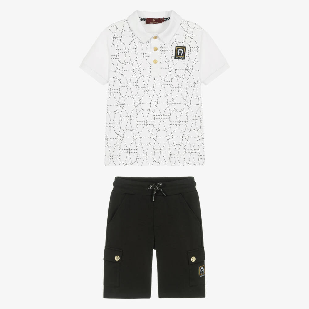 AIGNER-Boys White & Black Cotton Jersey Shorts Set | Childrensalon Outlet