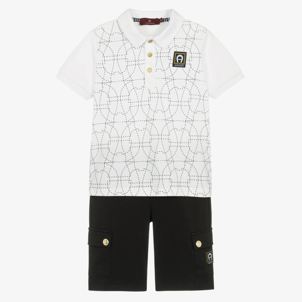 AIGNER-Boys White & Black Cotton Jersey Shorts Set | Childrensalon Outlet
