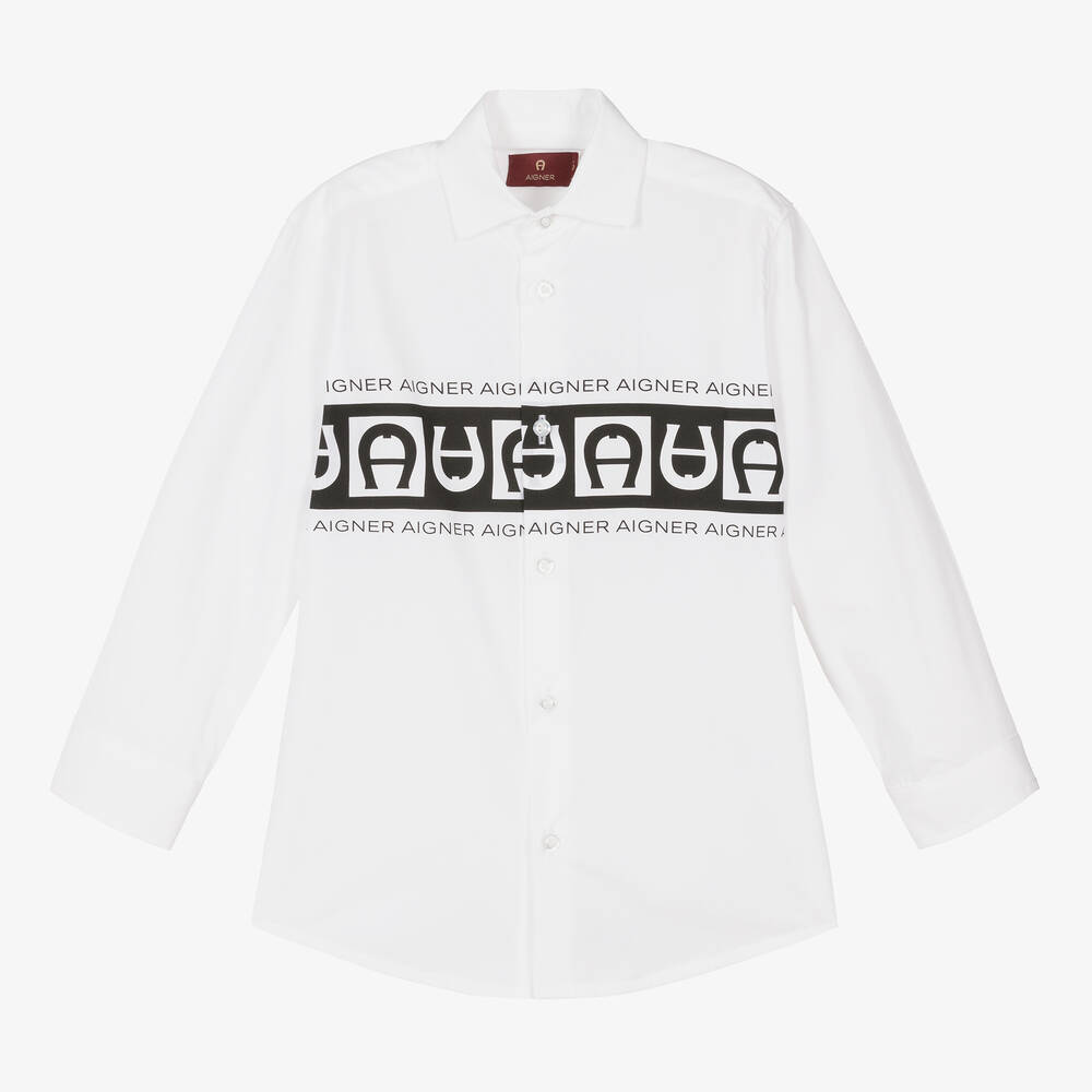 AIGNER-Boys White & Black Cotton Shirt | Childrensalon Outlet
