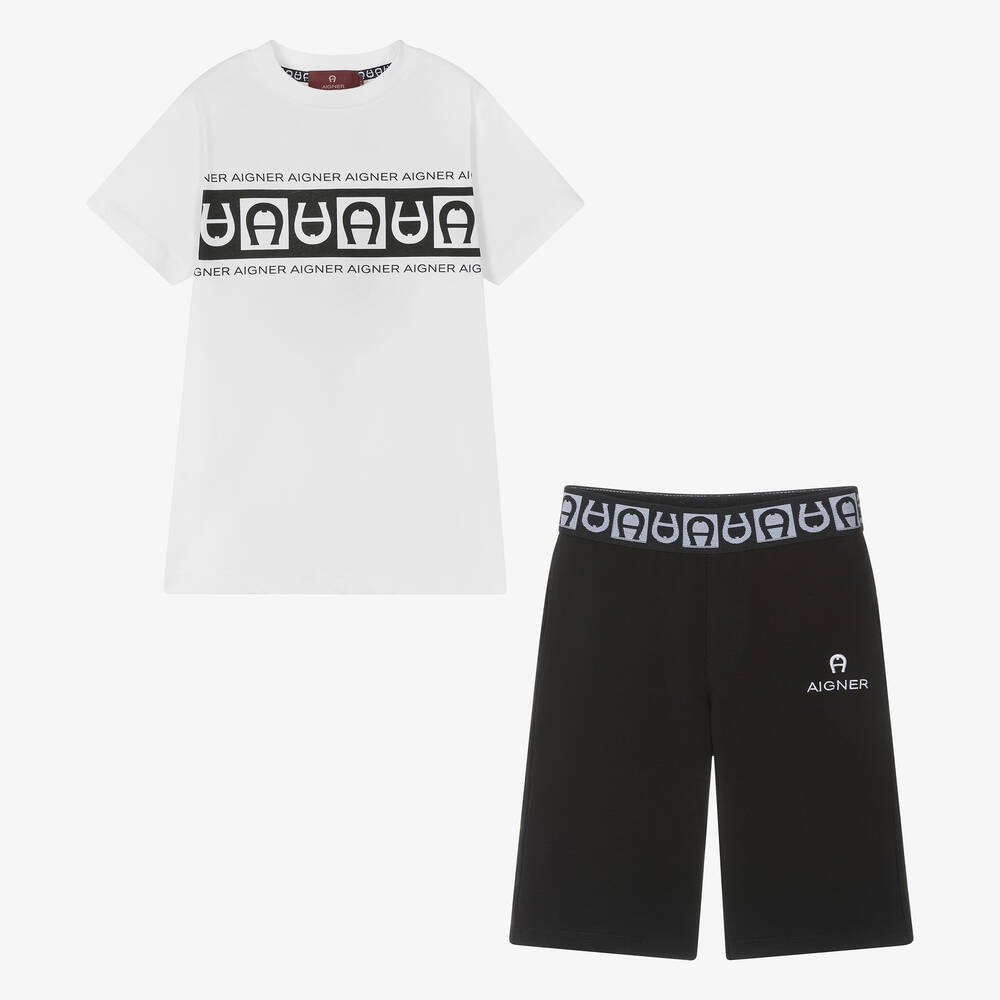 AIGNER-Boys White & Black Cotton Shorts Set | Childrensalon Outlet
