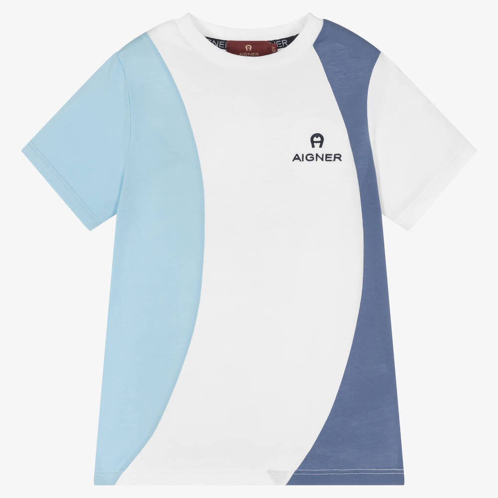 AIGNER - Boys White & Blue Colourblock T-Shirt | Childrensalon