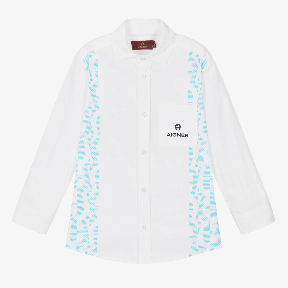 AIGNER-Boys White & Blue Cotton Shirt | Childrensalon Outlet