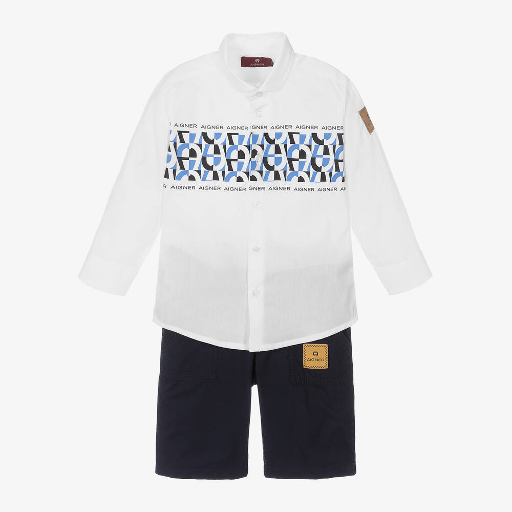 AIGNER-Boys White & Blue Cotton Shorts Set | Childrensalon Outlet