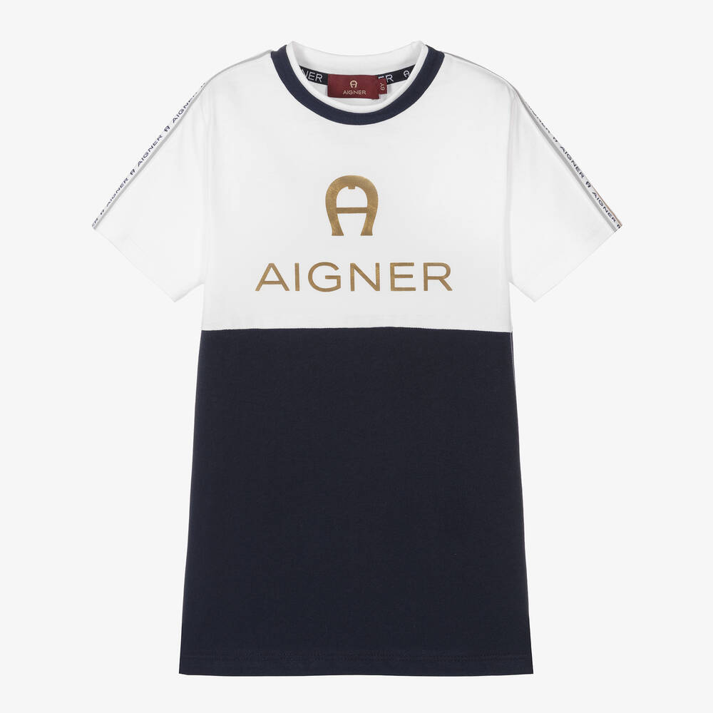 AIGNER - تيشيرت قطن لون أبيض وكحلي للأولاد | Childrensalon