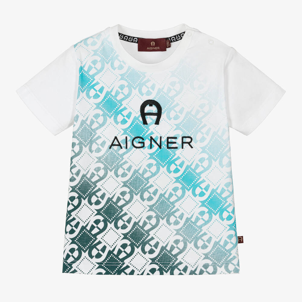 AIGNER - Boys White & Blue Cotton T-Shirt | Childrensalon
