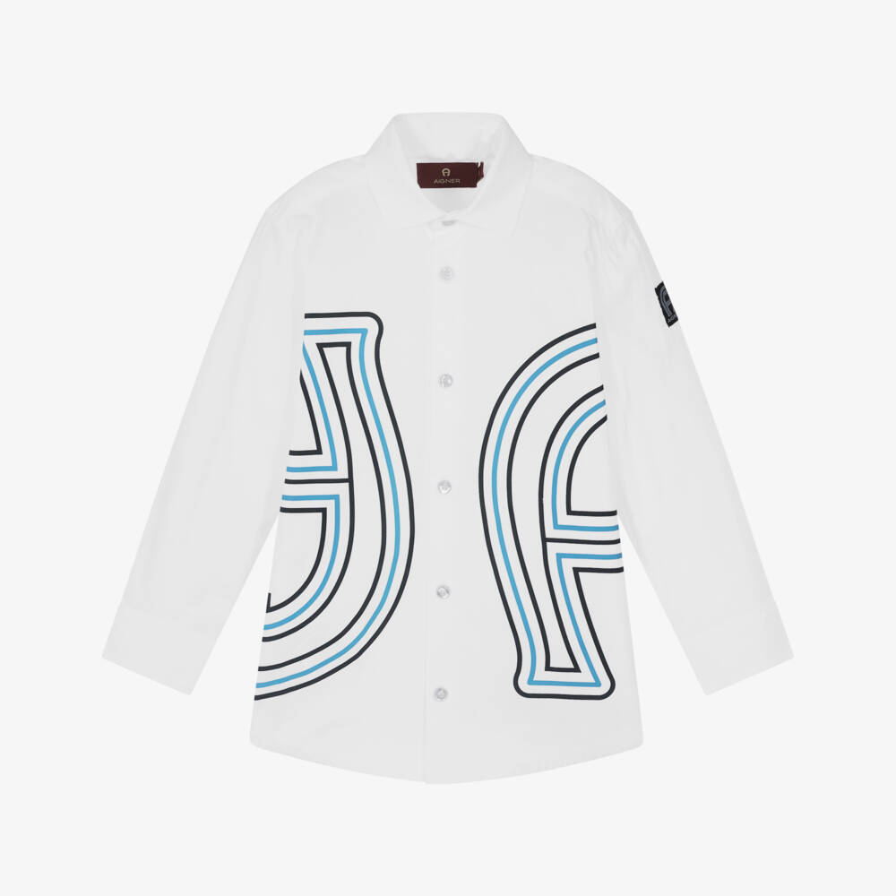 AIGNER-Boys White & Blue Horseshoe Logo Cotton Shirt | Childrensalon Outlet