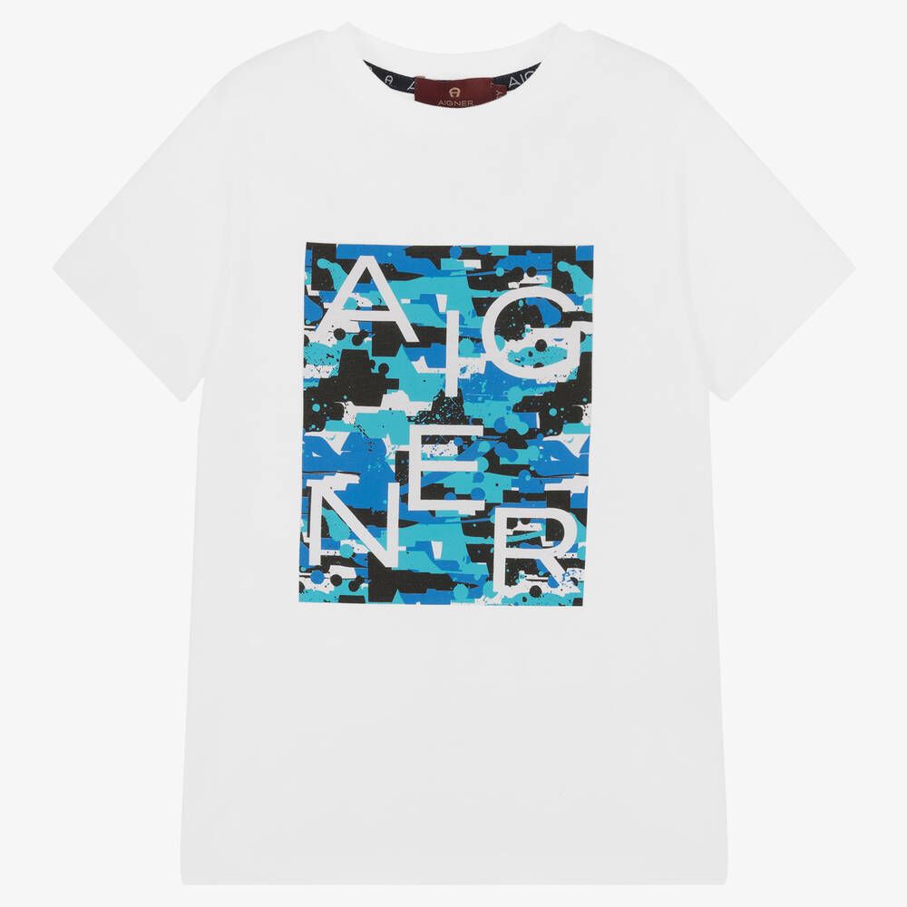 AIGNER - Boys White & Blue Logo Cotton T-Shirt | Childrensalon