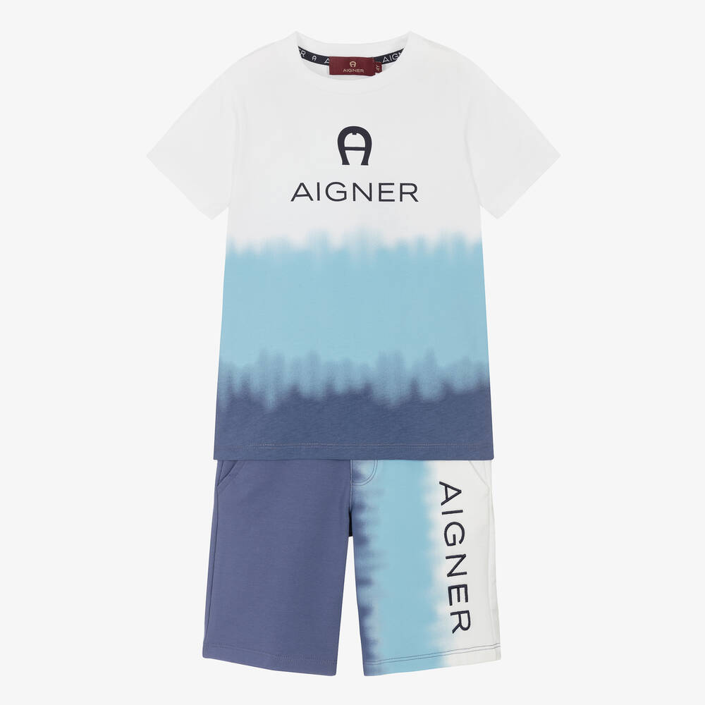 AIGNER - Boys White & Blue Logo Shorts Set | Childrensalon