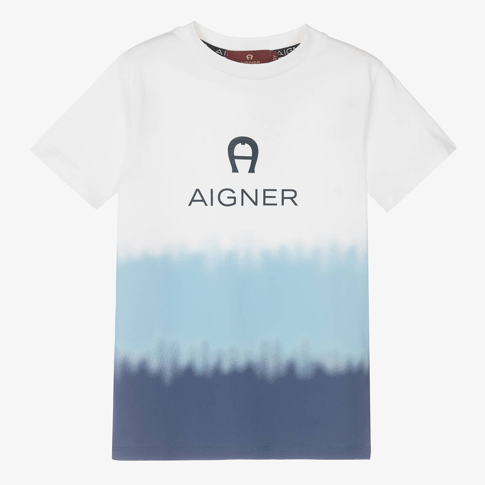 AIGNER - Boys White & Blue Logo T-Shirt | Childrensalon