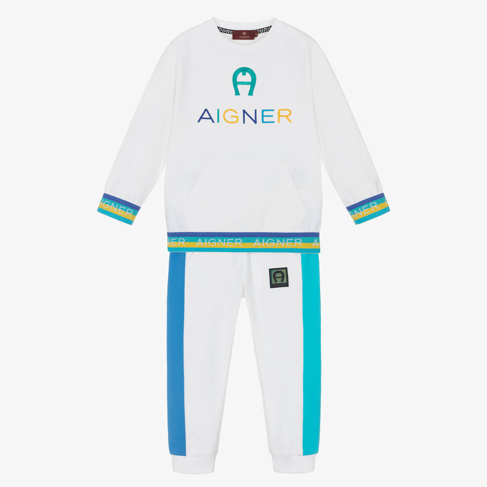 AIGNER - Boys White & Blue Logo Tracksuit | Childrensalon